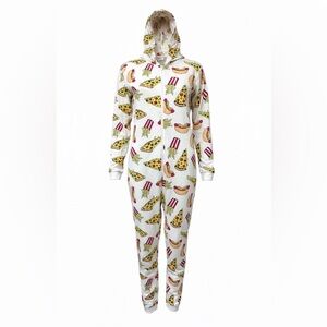 H&M Pizza Hot Dog Fun Print Onesie Zip Up Pajama With Hood Adult Size Small